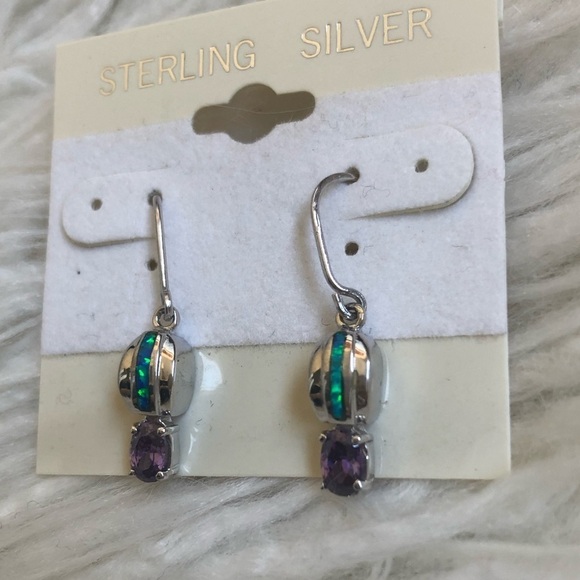 Sterling Silver Opal & Amethyst Southwestern Drop Earrings NWT 1.25” - Picture 2 of 7